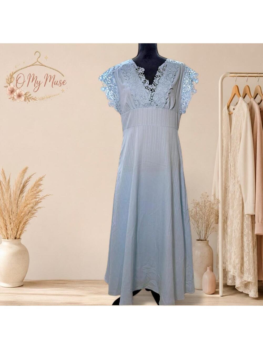 SHEIN Blue Lace Maxi Dress with Lace Trim on the Neckline and Sleeves
